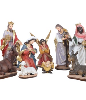 CRECHE EN RESINE POLYCHROME PEINTE A LA MAIN DE 11 PERSONNAGES H. 25 CM