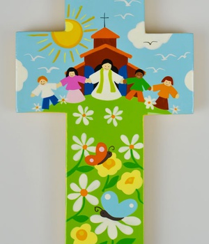 CROIX BOIS PRETRE ENFANTS DEVANT EGLISE JAUNE 13CM X 20CM