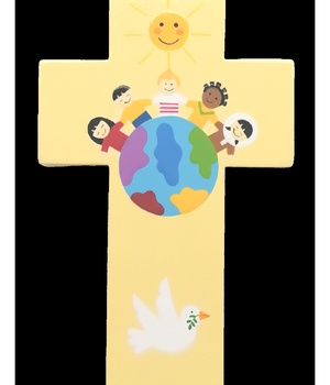CROIX BOIS ENFANTS DU MONDE JAUNE13CM X 20CM