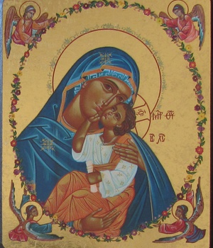 LA VIERGE A LA COURONNE FLEURIE - ICONE DOREE A LA FEUILLE 12,2X9,6 CM - 1186.63