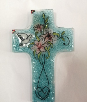 CROIX VERRE COLOMBE FLEUR 12X8 CM