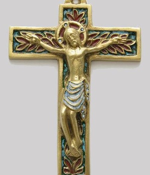 CROIX CHRIST BRONZE EMAIL FEUILLAGE 14CM NDSP