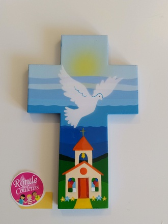 CROIX COLOMBE ET EGLISE BLEUE 9CM X 14CM