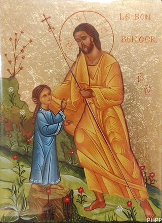 ICONE DU BON BERGER CONDUISANT UNE PETITE FILLE 13X9.5 CM
