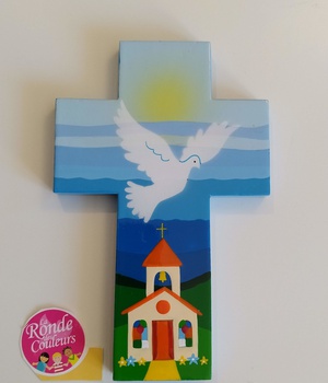 CROIX COLOMBE ET EGLISE BLEUE 9CM X 14CM