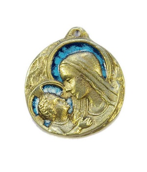 MEDAILLE BERCEAU BRONZE EMAIL VIERGE ENFANT 6.4CM DIAM NDSP