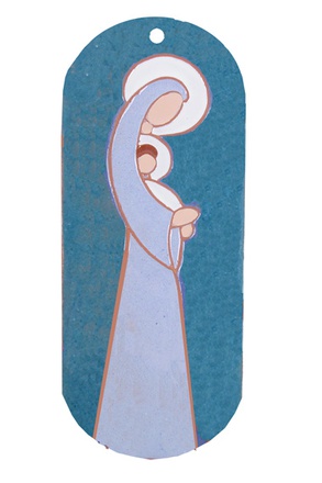 PLAQUETTE EMAIL BLEU VIERGE ENFANT H 16.5 CM
