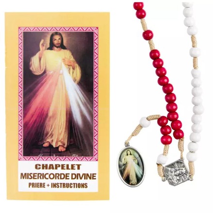 CHAPELET DE DEVOTION DE LA MISERICORDE DIVINE GRAINS BLANC ET ROUGE EN BOIS