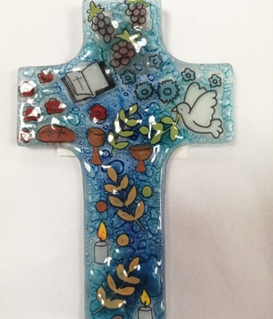 CROIX VERRE FLEUR BIBLE COLOMBE 12X8 CM