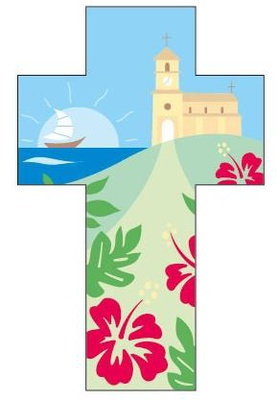 CROIX BOIS EGLISE ET HIBISCUS 9X14 CM