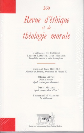 REVUE D'ETHIQUE ET DE THEOLOGIE MORALE NUMERO 260