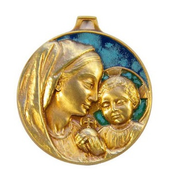 MEDAILLE VIERGE A L'ENFANT BRONZE EMAILLE- DIAM : 5 CM. NDSP