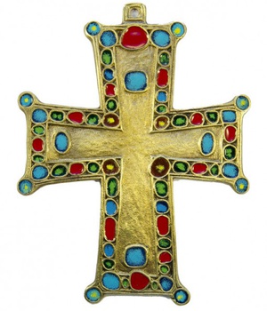 GRANDE CROIX PLATE BRONZE 15CM AVEC CABOCHONS EMAIL NDSP