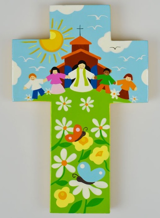 CROIX BOIS PRETRE ENFANTS DEVANT EGLISE JAUNE 13CM X 20CM