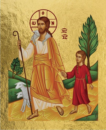 JESUS LE BON BERGER CONDUISANT UNE PETITE FILLE - ICONE DOREE A LA FEUILLE 11.8X14.5 CM