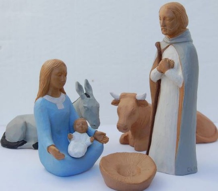 CRECHE NUIT DE LUMIERE 18 CM LOT 5 PERSONNAGES JESUS MARIE JOSEPH ANE ET BOEUF
