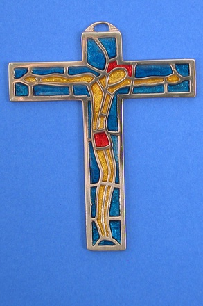 CROIX BRONZE EMAILLEE PM FOND TURQUOISE CHRIST JAUNE