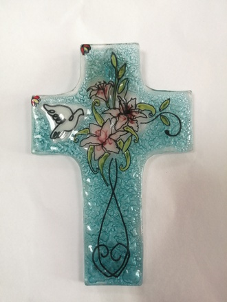 CROIX VERRE COLOMBE FLEUR 12X8 CM