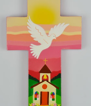 CROIX COLOMBE ET EGLISE ROSE 14 CM