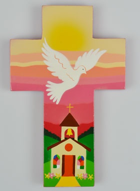 CROIX COLOMBE ET EGLISE ROSE 14 CM