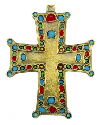 GRANDE CROIX PLATE BRONZE 15CM AVEC CABOCHONS EMAIL NDSP