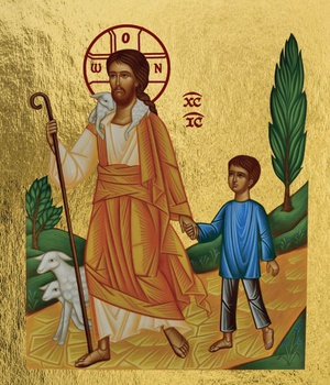 JESUS LE BON BERGER CONDUISANT UN PETIT GARCON - MINI ICONE AUTOCOLLANTE 6.5X8 CM