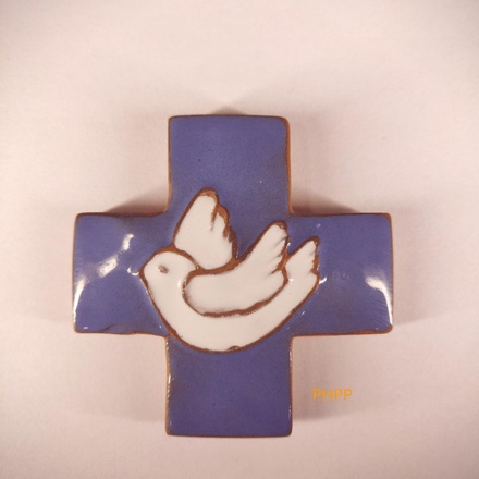 CROIX CERAMIQUE COLOMBE BLANCHE FOND BLEU 7 X 7 CM NDSP