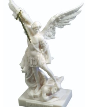 STATUE SAINT MICHEL BLANC 24 CM ALBATRE ET EPEE DOREE