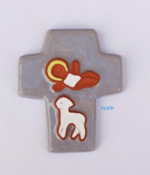 CROIX CERAMIQUE GRISE ENFANT ET AGNEAU 10CM X 8.5CM
