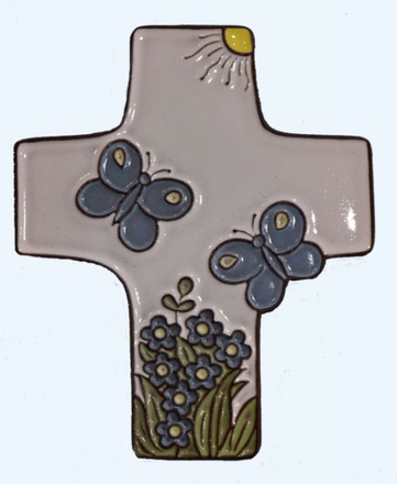 CROIX PAPILLONS CERAMIQUE BLANC
