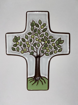 CROIX CERAMIQUE ARBRE DE VIE BLANC ET VERT 11.50 X 9.50 CM NDSP