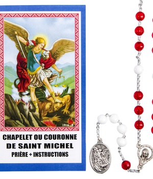 CHAPELET DE DEVOTION DE SAINT MICHEL GRAINS ROUGE ET BLANC AVEC NOTICE EN SACHET NDSP