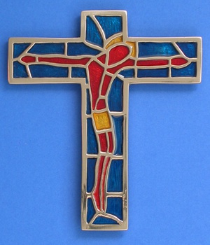 CROIX BRONZE AVEC CHRIST ET EMAUX HAUTEUR 13 CM GRAND MODELE FOND TURQUOISE