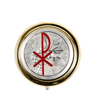 CUSTODE POUR HOSTIES METAL DORE PLAQUE METAL ARGENTE PAX ROUGE DIAM 5CM