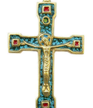 CROIX CHRIST BRONZE EMAIL 15CM / 5 CABOCHONS ROUGES NDSP