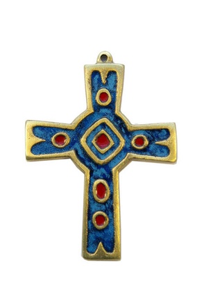 CROIX BRONZE EMAIL 9.4 X 7.3 CM LOSANGE CENTRE CABOCHON ROUGE NDSP