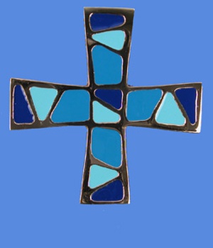 CROIX BRONZE EMAIL BLEU TURQUOISE 9 CM PAR 9 CM