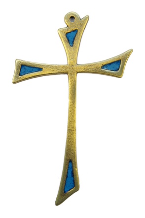 CROIX BRONZE EMAILLE BLEUE 14 CM TRIANGLE NDSP