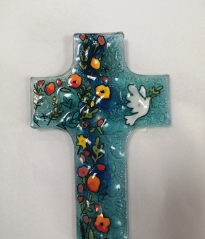 CROIX VERRE FLEURS ORANGES COLOMBE 12X8 CM