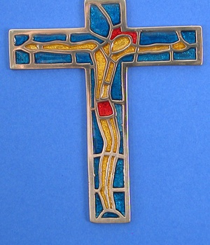 CROIX BRONZE EMAILLEE PM FOND TURQUOISE CHRIST JAUNE