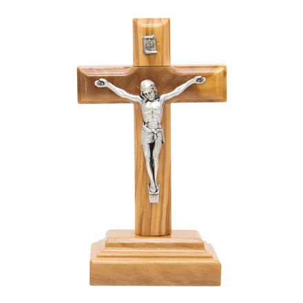 CRUCIFIX EN BOIS D OLIVIER CHRIST ARGENTE SUR SOCLE HAUTEUR 9 CM