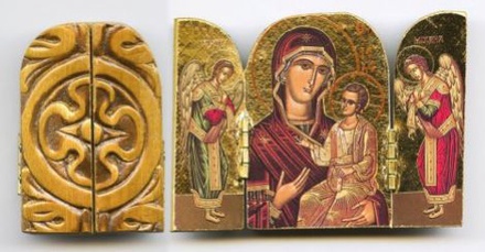TRIPTYQUE ICONE DORE AVEC REVERS SCULPTE 9.5 X 7 CM NDSP