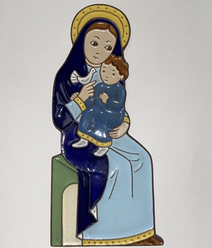 PLAQUETTE VIERGE ET ENFANT CERAMIQUE BLEUE