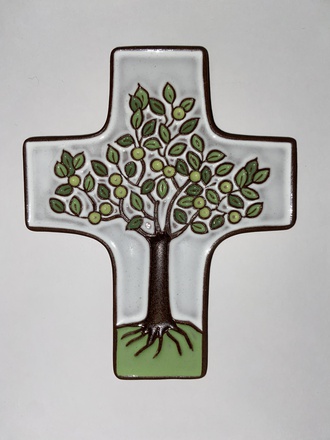 CROIX CERAMIQUE ARBRE DE VIE BLANC ET VERT 11.50 X 9.50 CM NDSP
