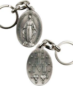 PORTE CLES DE LA VIERGE MIRACULEUSE DOUBLE FACE HAUTEUR 4 CM EN METAL ARGENTE