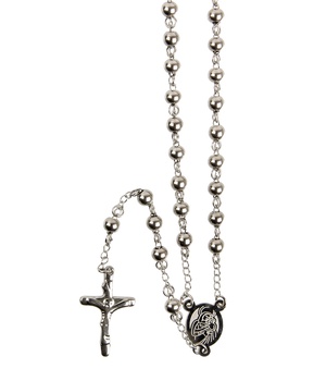 CHAPELET EN ACIER INOXYDABLE ARGENTE, GRAINS 6 MM, LONGUEUR AU COEUR 31 CM