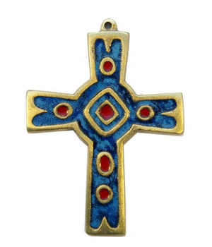 CROIX BRONZE EMAIL 9.4 X 7.3 CM LOSANGE CENTRE CABOCHON ROUGE NDSP
