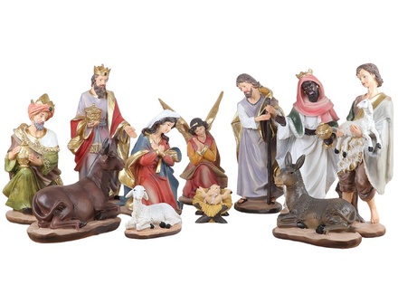 CRECHE EN RESINE POLYCHROME PEINTE A LA MAIN DE 11 PERSONNAGES H. 25 CM